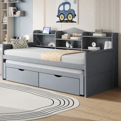 Lit Gigogne Simple 90x200 cm avec Lit 90x190 cm, Tiroirs et Grand Rangement, Port USB Intégré Bois Gris, Multifonction, Gris