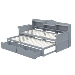 Lit Gigogne Simple 90x200 cm avec Lit 90x190 cm, Tiroirs et Grand Rangement, Port USB Intégré Bois Gris, Multifonction, Gris