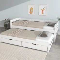 Lit Gigogne Simple 200x90 cm et 190x90 cm - avec Tiroirs de Rangement, Bois de Pin et MDF, Blanc, Sans Matelas