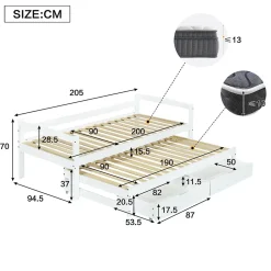 Lit Gigogne Simple 200x90 cm et 190x90 cm - avec Tiroirs de Rangement, Bois de Pin et MDF, Blanc, Sans Matelas