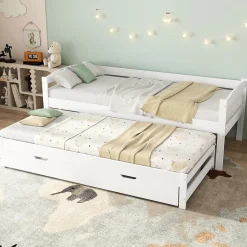 Lit Gigogne Simple 200x90 cm et 190x90 cm - avec Tiroirs de Rangement, Bois de Pin et MDF, Blanc, Sans Matelas