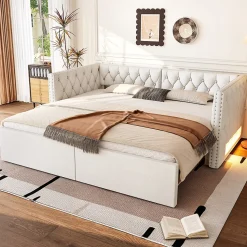 Lit Gigogne 90x200 à 180x200 cm - Lit avec Rangement Intégré et Éclairage LED - Beige