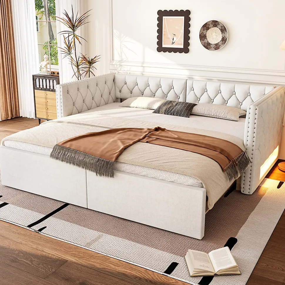 Lit Gigogne 90x200 à 180x200 cm - Lit avec Rangement Intégré et Éclairage LED - Beige