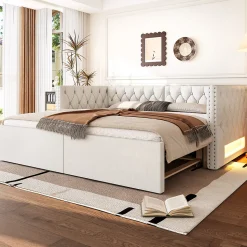 Lit Gigogne 90x200 à 180x200 cm - Lit avec Rangement Intégré et Éclairage LED - Beige