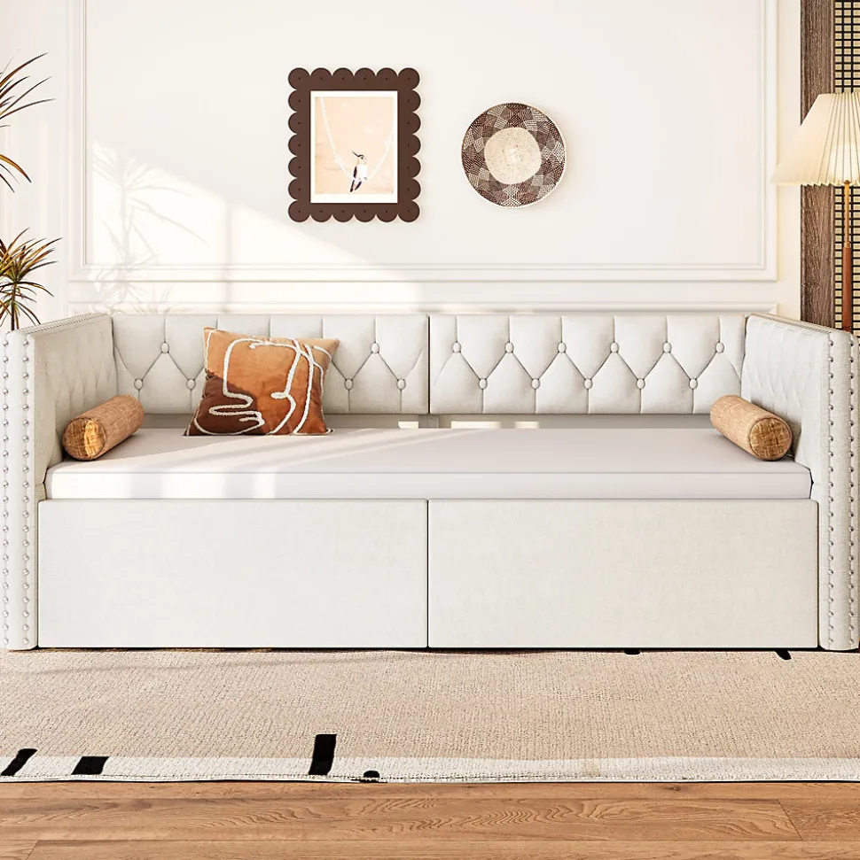 Lit Gigogne 90x200 à 180x200 cm - Lit avec Rangement Intégré et Éclairage LED - Beige