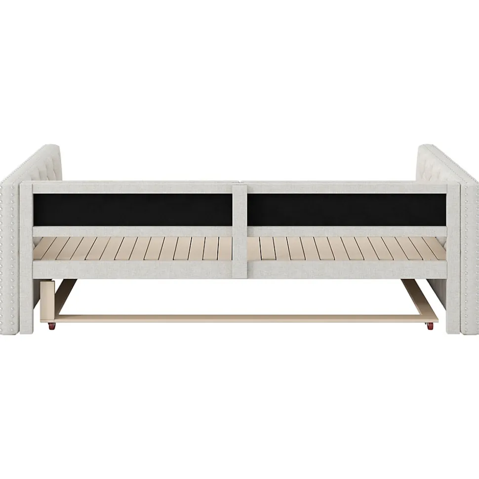 Lit Gigogne 90x200 à 180x200 cm - Lit avec Rangement Intégré et Éclairage LED - Beige