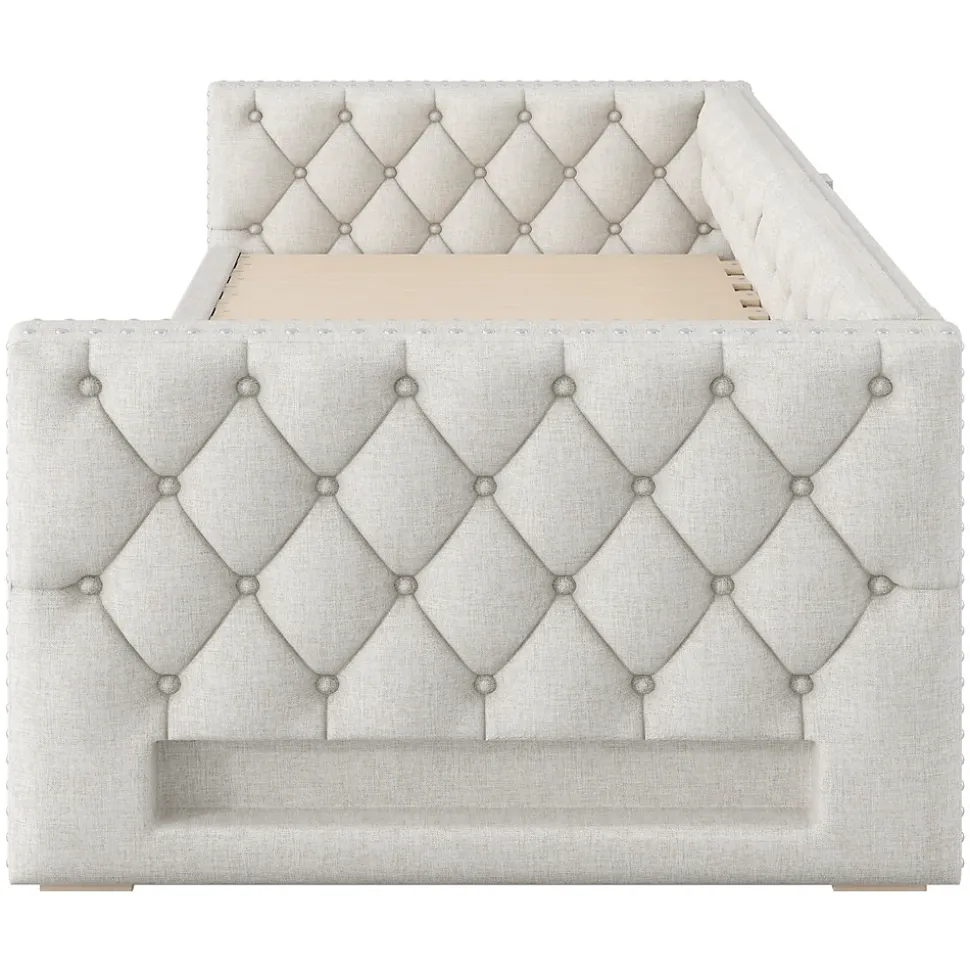 Lit Gigogne 90x200 à 180x200 cm - Lit avec Rangement Intégré et Éclairage LED - Beige