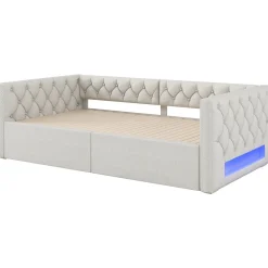 Lit Gigogne 90x200 à 180x200 cm - Lit avec Rangement Intégré et Éclairage LED - Beige