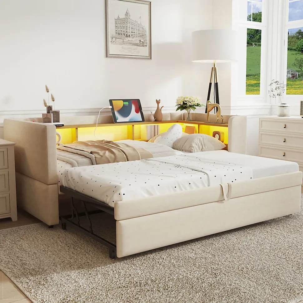 Lit Gigogne 90/180x190 cm - avec LED et Prise USB, Rangement sous Le Lit, Multifonction en Flanelle et Métal, Beige, Sans Matelas