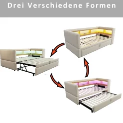 Lit Gigogne 90/180x190 cm - avec LED et Prise USB, Rangement sous Le Lit, Multifonction en Flanelle et Métal, Beige, Sans Matelas