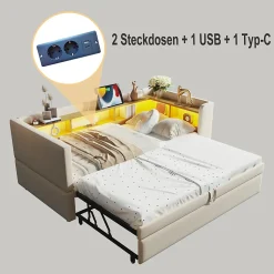 Lit Gigogne 90/180x190 cm - avec LED et Prise USB, Rangement sous Le Lit, Multifonction en Flanelle et Métal, Beige, Sans Matelas