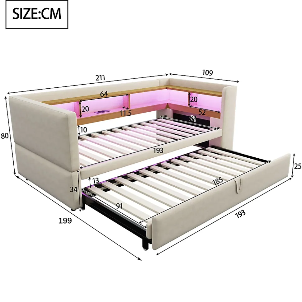 Lit Gigogne 90/180x190 cm - avec LED et Prise USB, Rangement sous Le Lit, Multifonction en Flanelle et Métal, Beige, Sans Matelas