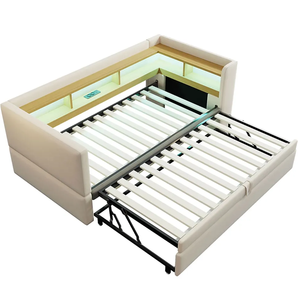 Lit Gigogne 90/180x190 cm - avec LED et Prise USB, Rangement sous Le Lit, Multifonction en Flanelle et Métal, Beige, Sans Matelas
