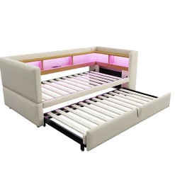 Lit Gigogne 90/180x190 cm - avec LED et Prise USB, Rangement sous Le Lit, Multifonction en Flanelle et Métal, Beige, Sans Matelas