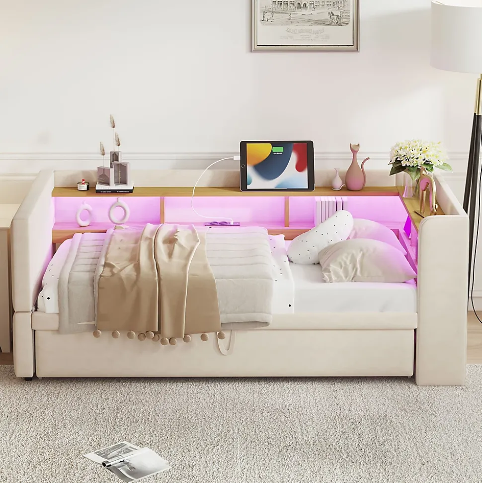 Lit Gigogne 90/180x190 cm - avec LED et Prise USB, Rangement sous Le Lit, Multifonction en Flanelle et Métal, Beige, Sans Matelas