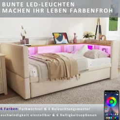 Lit Gigogne 90/180x190 cm - avec LED et Prise USB, Rangement sous Le Lit, Multifonction en Flanelle et Métal, Beige, Sans Matelas