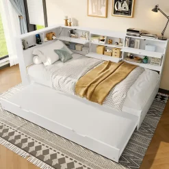 Lit Gigogne 90x200 cm - avec Lit Tiroir 90x190 cm et Rangement, Lit Multifonction Bois Kiefernholz + MDF + Plywood - Blanc