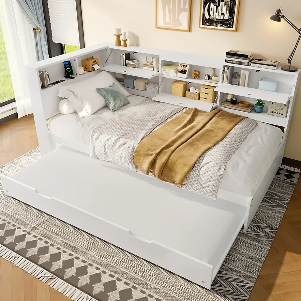 Lit Gigogne 90x200 cm - avec Lit Tiroir 90x190 cm et Rangement, Lit Multifonction Bois Kiefernholz + MDF + Plywood - Blanc