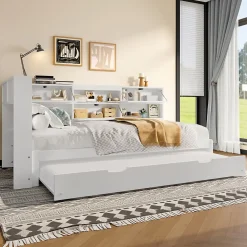 Lit Gigogne 90x200 cm - avec Lit Tiroir 90x190 cm et Rangement, Lit Multifonction Bois Kiefernholz + MDF + Plywood - Blanc