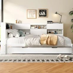 Lit Gigogne 90x200 cm - avec Lit Tiroir 90x190 cm et Rangement, Lit Multifonction Bois Kiefernholz + MDF + Plywood - Blanc