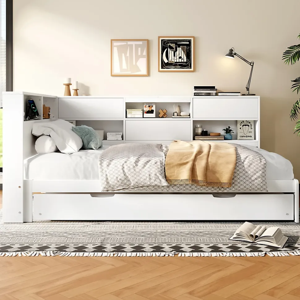 Lit Gigogne 90x200 cm - avec Lit Tiroir 90x190 cm et Rangement, Lit Multifonction Bois Kiefernholz + MDF + Plywood - Blanc