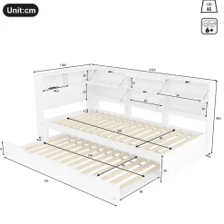 Lit Gigogne 90x200 cm - avec Lit Tiroir 90x190 cm et Rangement, Lit Multifonction Bois Kiefernholz + MDF + Plywood - Blanc