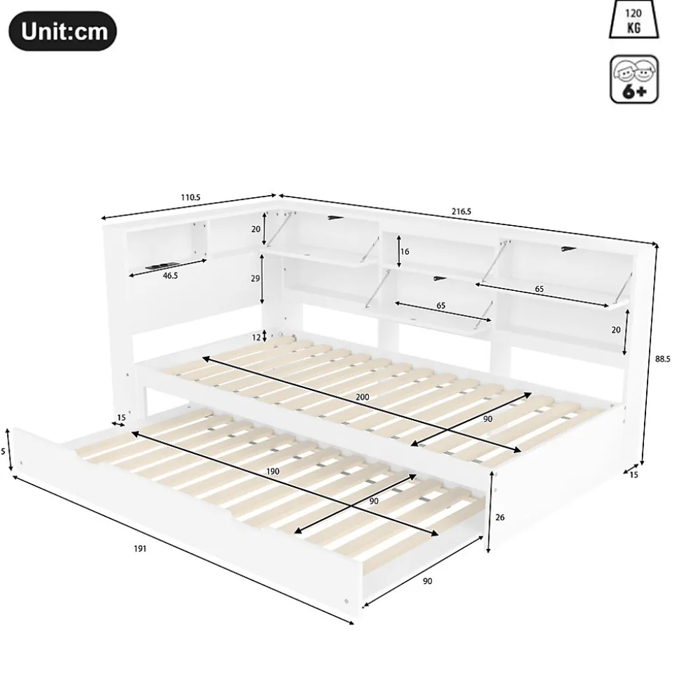 Lit Gigogne 90x200 cm - avec Lit Tiroir 90x190 cm et Rangement, Lit Multifonction Bois Kiefernholz + MDF + Plywood - Blanc