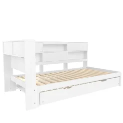 Lit Gigogne 90x200 cm - avec Lit Tiroir 90x190 cm et Rangement, Lit Multifonction Bois Kiefernholz + MDF + Plywood - Blanc