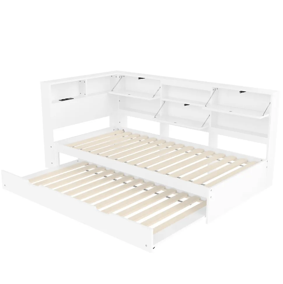 Lit Gigogne 90x200 cm - avec Lit Tiroir 90x190 cm et Rangement, Lit Multifonction Bois Kiefernholz + MDF + Plywood - Blanc