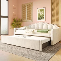 Lit Gigogne 90/180x200 cm - avec lit tiroir et bande LED multicolore - sans matelas - revêtement en velours doux - Beige