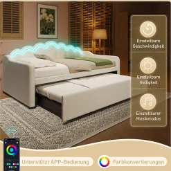 Lit Gigogne 90/180x200 cm - avec lit tiroir et bande LED multicolore - sans matelas - revêtement en velours doux - Beige