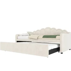 Lit Gigogne 90/180x200 cm - avec lit tiroir et bande LED multicolore - sans matelas - revêtement en velours doux - Beige