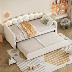 Lit Gigogne 90x200 cm - avec lit tiroir 90x190 cm et éclairage LED ambiant - sans matelas - revêtement en velours élégant - Beige