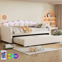 Lit Gigogne 90x200 cm - avec lit tiroir 90x190 cm et éclairage LED ambiant - sans matelas - revêtement en velours élégant - Beige
