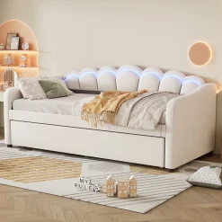 Lit Gigogne 90x200 cm - avec lit tiroir 90x190 cm et éclairage LED ambiant - sans matelas - revêtement en velours élégant - Beige