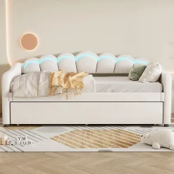 Lit Gigogne 90x200 cm - avec lit tiroir 90x190 cm et éclairage LED ambiant - sans matelas - revêtement en velours élégant - Beige