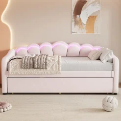 Lit Gigogne 90x200 cm - avec lit tiroir 90x190 cm et éclairage LED ambiant - sans matelas - revêtement en velours doux - Rose