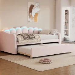 Lit Gigogne 90x200 cm - avec lit tiroir 90x190 cm et éclairage LED ambiant - sans matelas - revêtement en velours doux - Rose