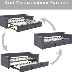 Lit Gigogne 90x190 cm - avec Rangement sous Le Lit et Haut-Parleur Bluetooth, Port USB, Velours Gris, Sans Matelas