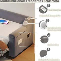 Lit Gigogne 90x190 cm - avec Rangement sous Le Lit et Haut-Parleur Bluetooth, Port USB, Velours Gris, Sans Matelas