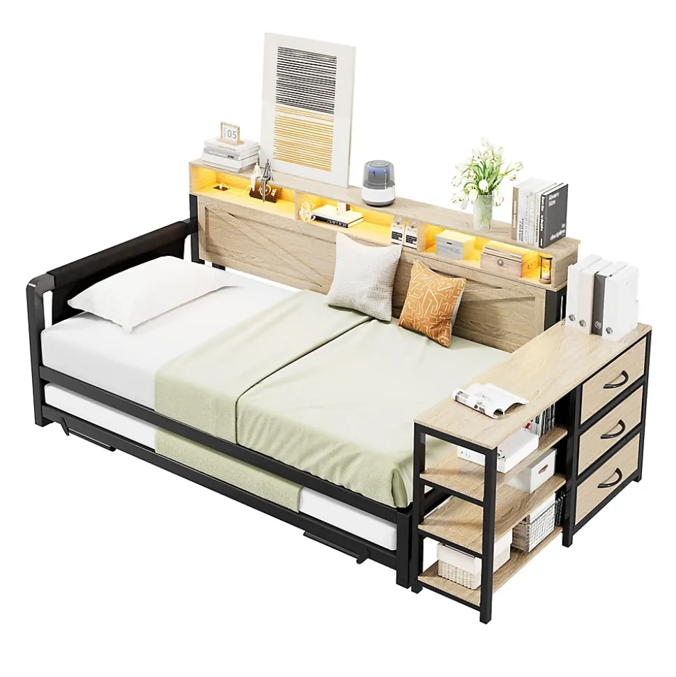 Lit Gigogne 90x200 cm - Canapé-Lit avec LED, 3 Tiroirs et Rangement Intégré - Métal - Noir