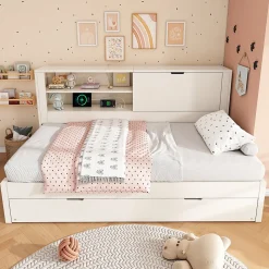 Lit Gigogne 90x190 cm - Canapé-Lit avec Tête de Lit Rangement, Compartiment Ouvert et USB/USB-C - MDF - Blanc