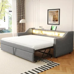 Lit Gigogne 90/180x190 cm - capitonné avec LED Intégrée et Rangement Sous Le Lit, Port USB, Tissu Gris Clair, Sans Matelas