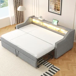 Lit Gigogne 90/180x190 cm - capitonné avec LED Intégrée et Rangement Sous Le Lit, Port USB, Tissu Gris Clair, Sans Matelas