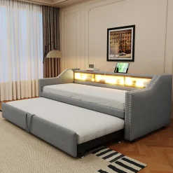 Lit Gigogne 90/180x190 cm - capitonné avec LED Intégrée et Rangement Sous Le Lit, Port USB, Tissu Gris Clair, Sans Matelas