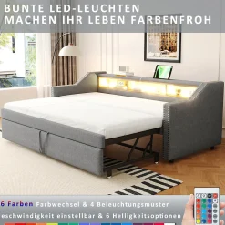 Lit Gigogne 90/180x190 cm - capitonné avec LED Intégrée et Rangement Sous Le Lit, Port USB, Tissu Gris Clair, Sans Matelas