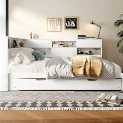 Lit Gigogne 140x200 cm - Daybed Multifonction avec Tête de Lit et Lit Tiroir - Sans Matelas - Bois Blanc