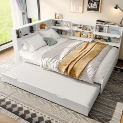 Lit Gigogne 140x200 cm - Daybed Multifonction avec Tête de Lit et Lit Tiroir - Sans Matelas - Bois Blanc