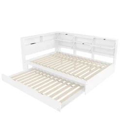 Lit Gigogne 140x200 cm - Daybed Multifonction avec Tête de Lit et Lit Tiroir - Sans Matelas - Bois Blanc