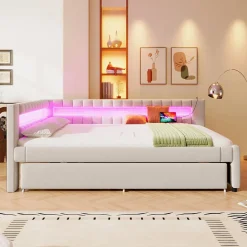 Lit Gigogne 140x200 cm - Lit Adulte avec Sommier Coulissant et LED Télécommandée, Revêtement en Lin - sans Matelas - Beige